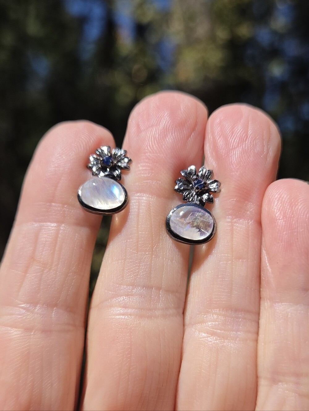 Moonstone 4k & Sapphire Sterling&Rhodium Floral Drop Earrings - Picture 5 of 9
